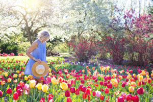 woman increasing her wellbeing by finding happiness walking through a field of flowers